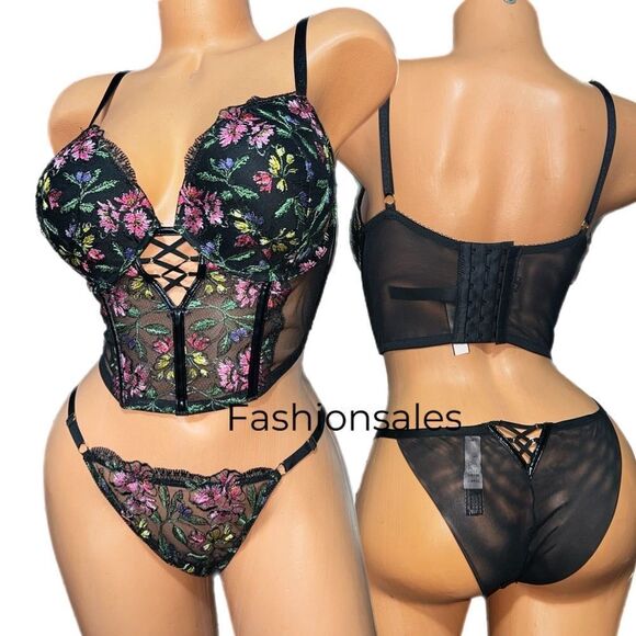 Victorias Secret Very Sexy Push Up Corset Top bra & String Cheeky Panty 32D / S - Picture 1 of 9